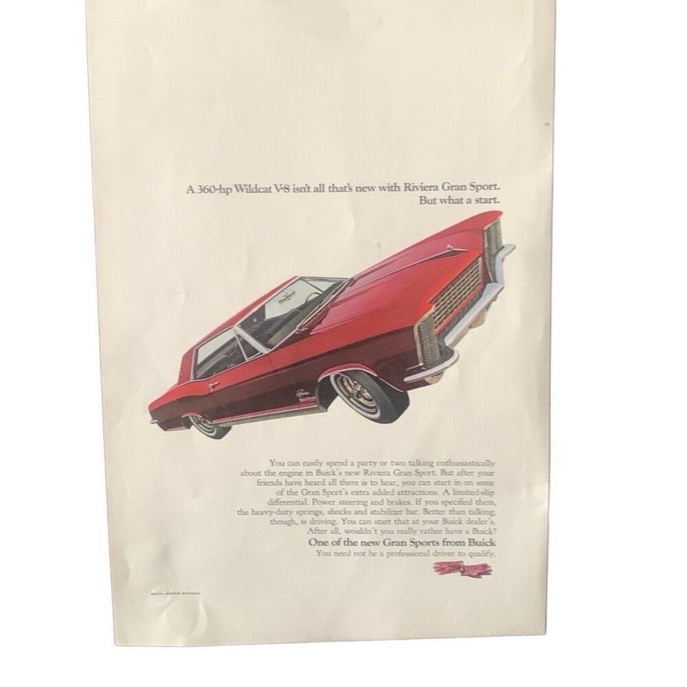 Vintage 1965 Buick Riviera Gran Sport Wildcat V-8 Ad Advertisement